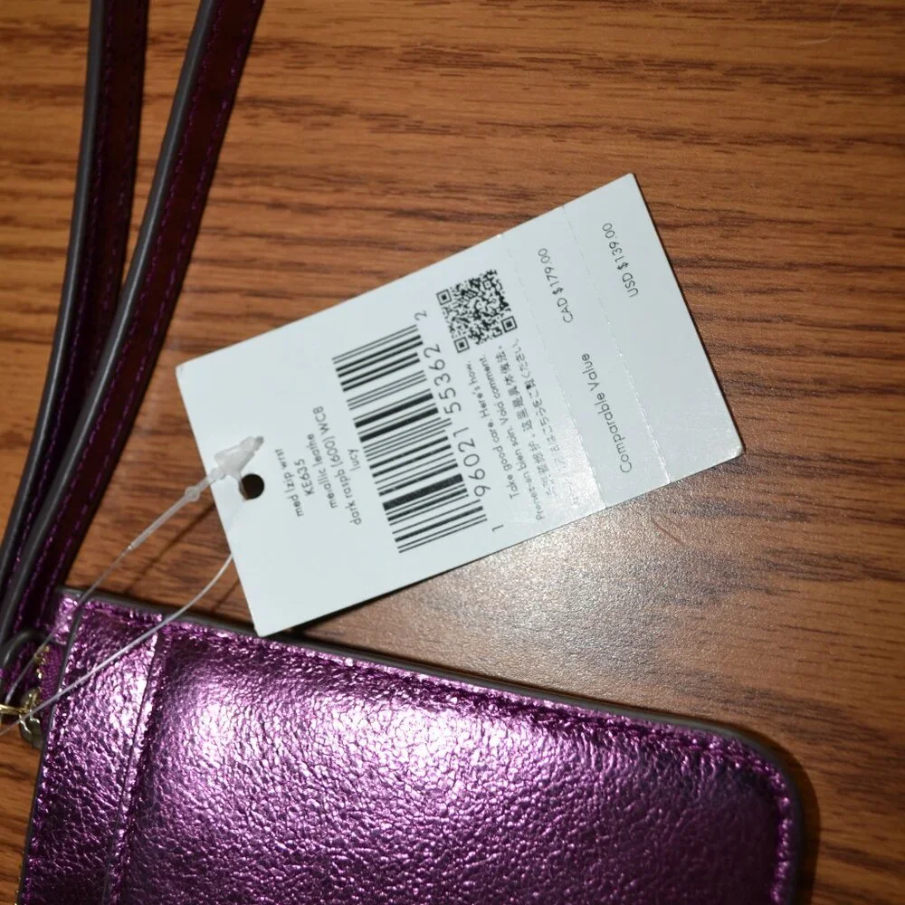Kate Spade NY New Lucy Medium zip Dark Raspberry Metallic Leather Wristlet